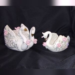 Vintage Porcelain Swan Rose Japan Trinket Dish Jewelry Ring Box - Set of 2